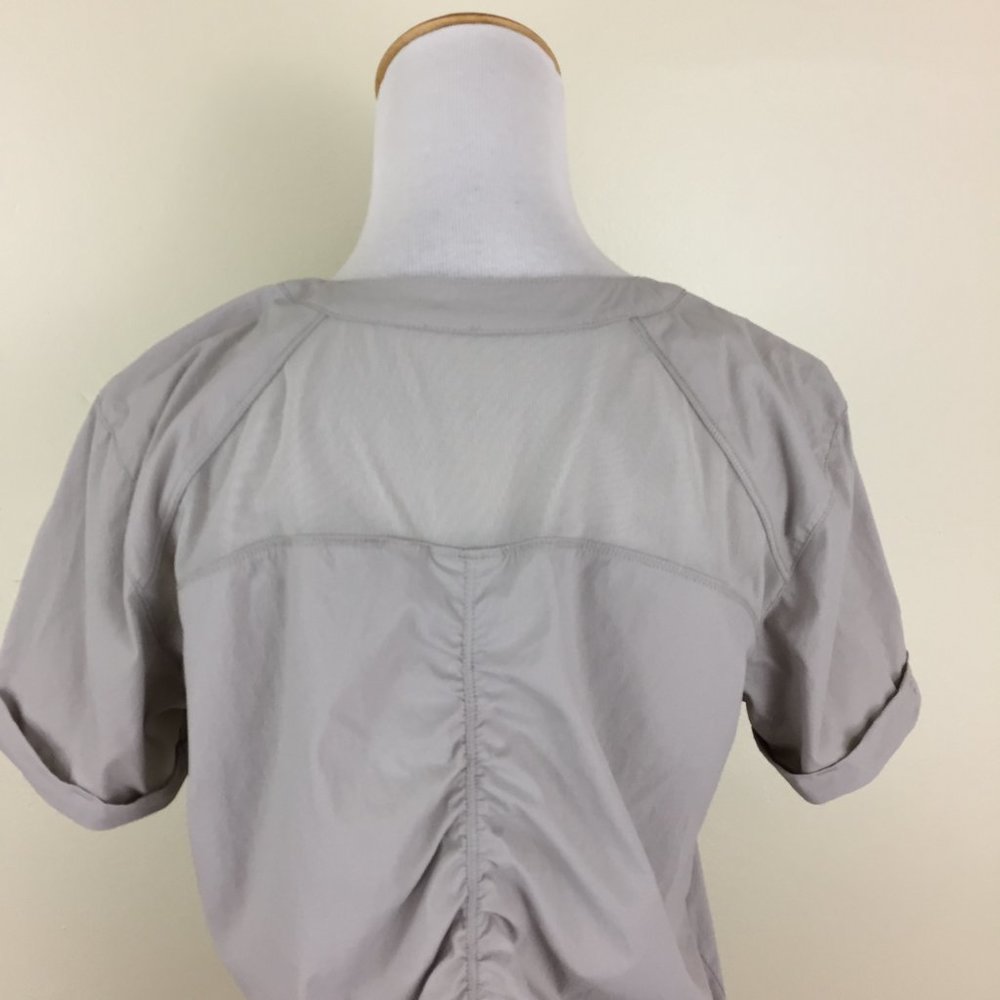 INDYGENA Taupe Ruching Back Short Sheer Sleeve Insert 1/4 Hidden Zip Shirt - Picture 10 of 11